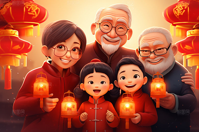 新年一家人热闹亲情插画