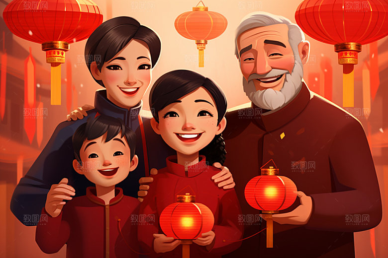 新年一家人手绘春节插画