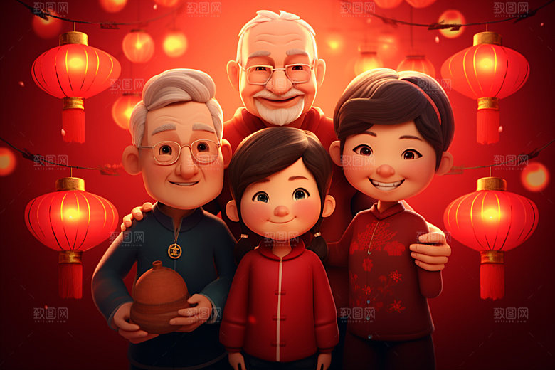 新年一家人过年新春插画