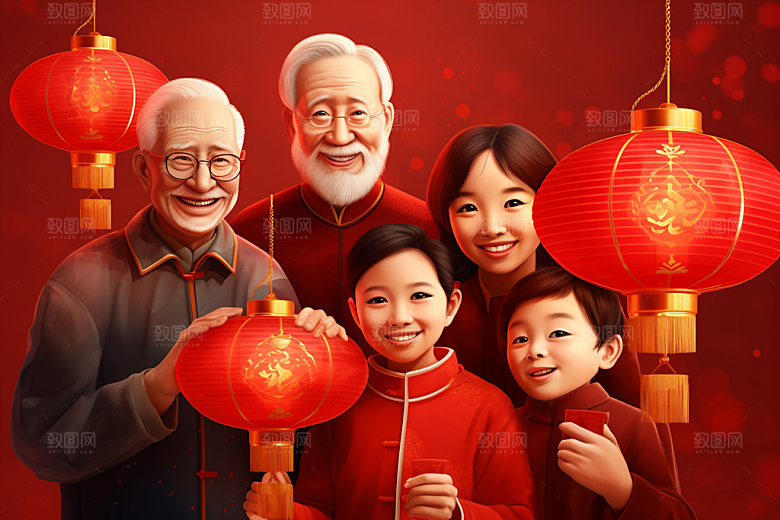 新年一家人春节过年插画