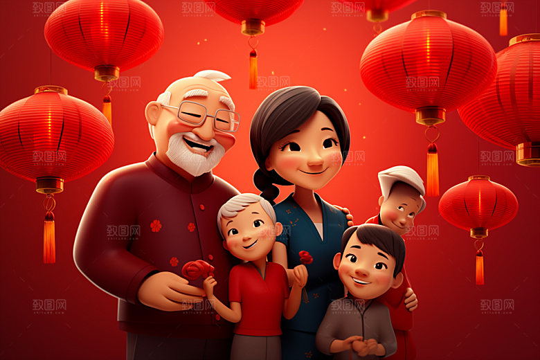 新年一家人春节新春插画