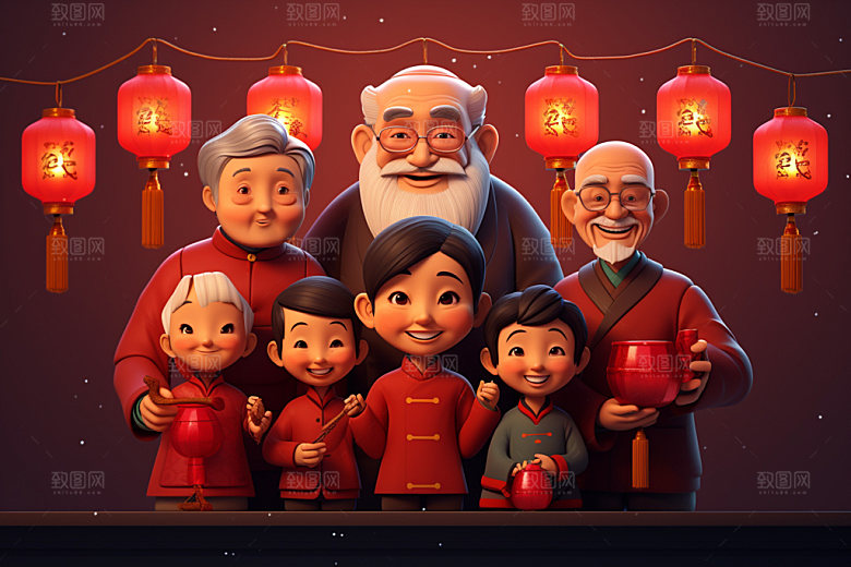 新年一家人手绘春节插画