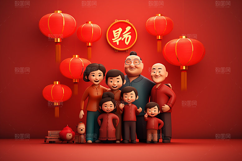 新年一家人亲情春节插画