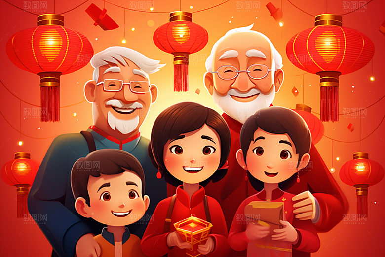 新年一家人欢聚喜庆插画