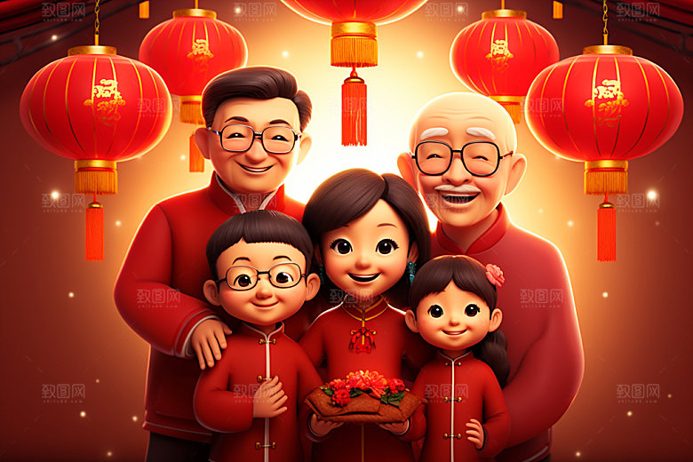 新年一家人过年新春插画
