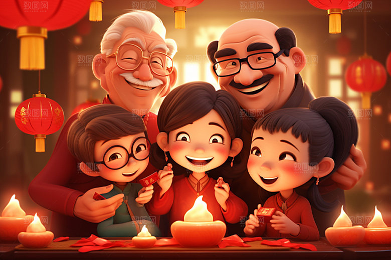 新年一家人手绘亲情插画