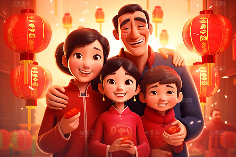 新年一家人手绘过年插画