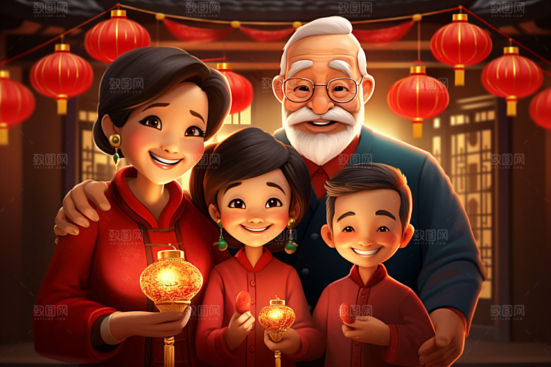 新年一家人热闹温馨插画