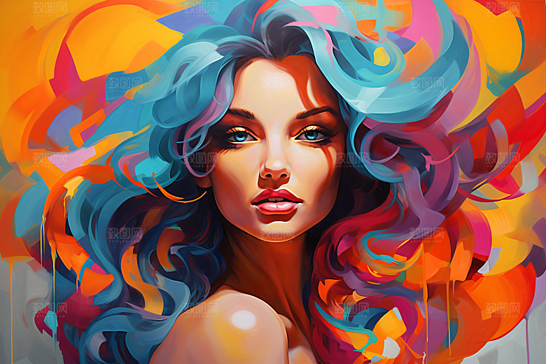 涂鸦风格美女撞色视觉感装饰画