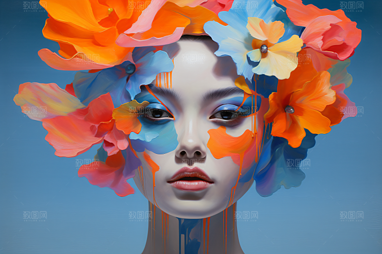 涂鸦风格美女视觉感撞色装饰画