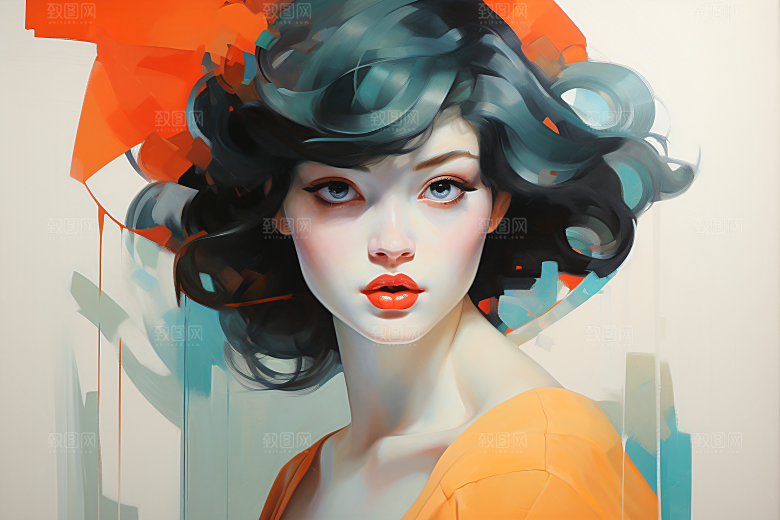 涂鸦风格美女艺术风格对比强烈装饰画