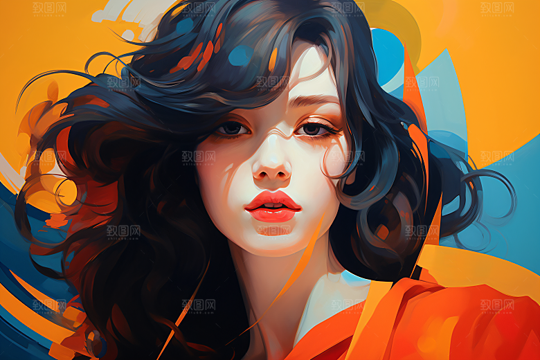 涂鸦风格美女撞色泼墨装饰画