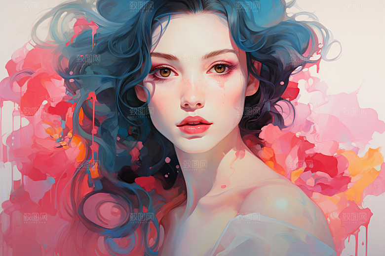 涂鸦风格美女视觉感对比强烈装饰画