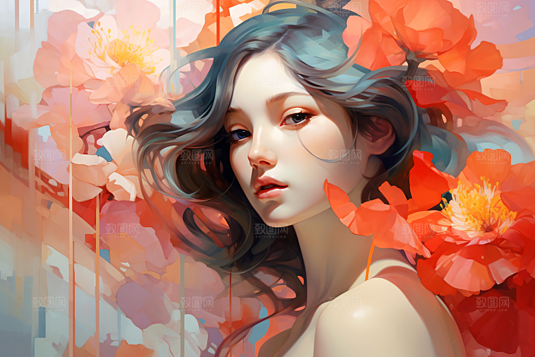 涂鸦风格美女视觉感撞色装饰画