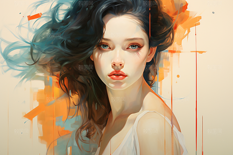 涂鸦风格美女艺术风格撞色装饰画