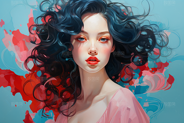 涂鸦风格美女彩色对比强烈装饰画