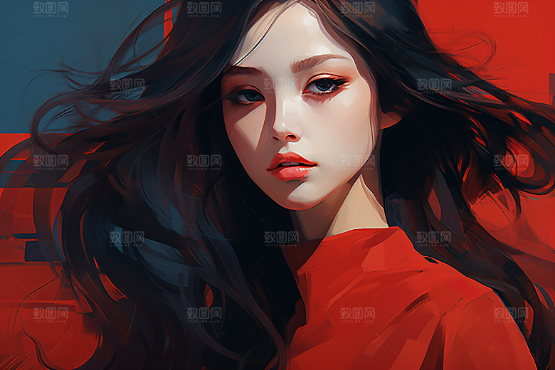 涂鸦风格美女视觉感撞色装饰画