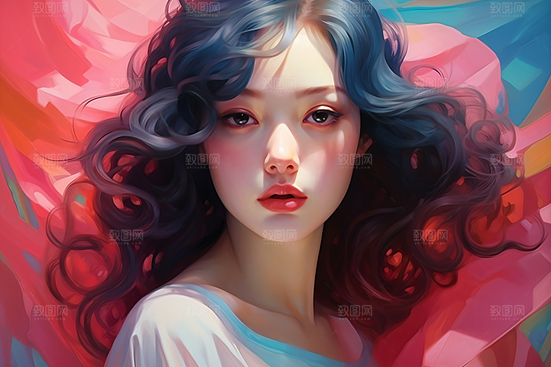 涂鸦风格美女彩色对比强烈装饰画