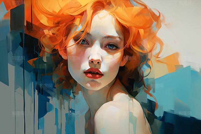 涂鸦风格美女泼墨撞色装饰画