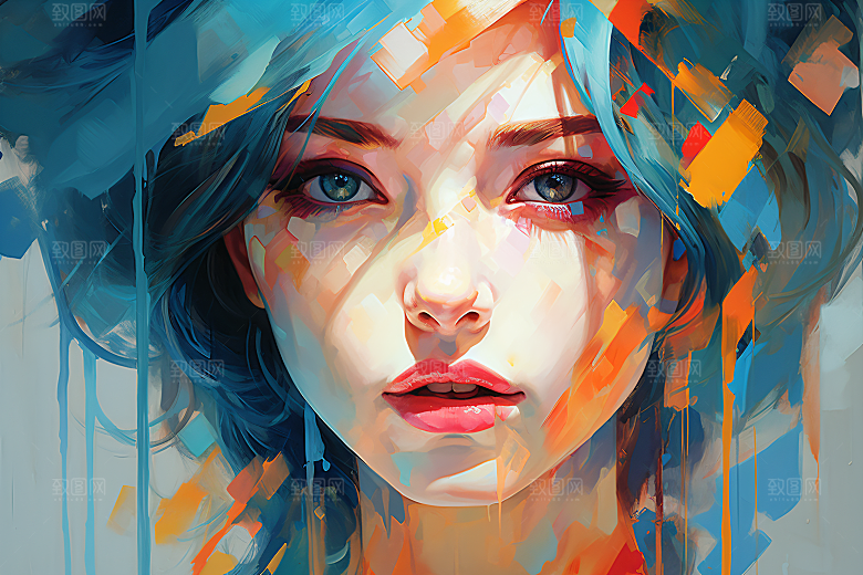 涂鸦风格美女对比强烈撞色装饰画