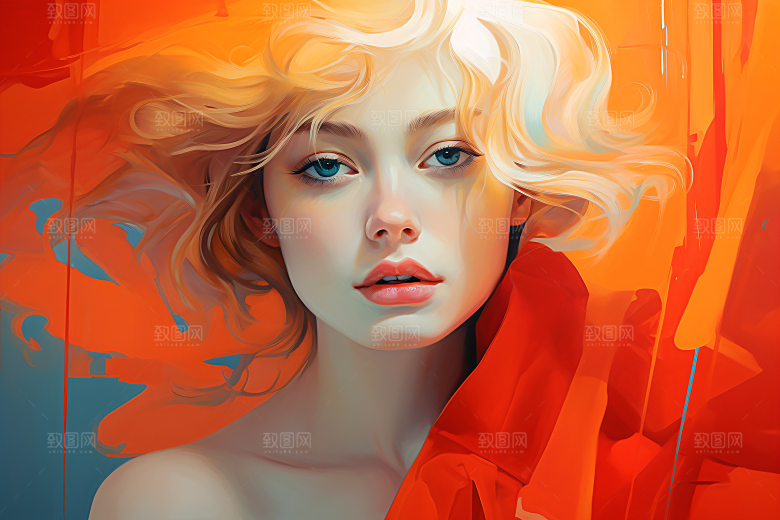 涂鸦风格美女撞色视觉感装饰画