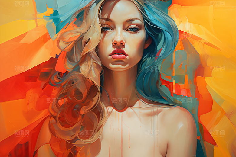 涂鸦风格美女高清撞色装饰画