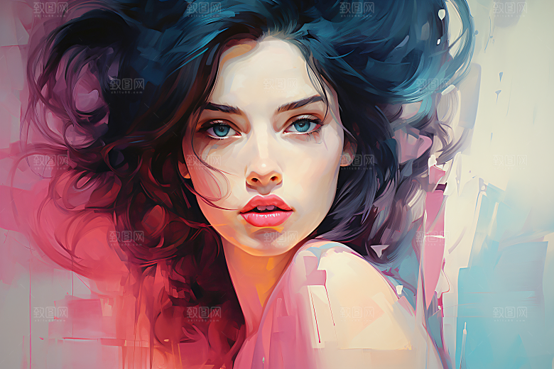涂鸦风格美女对比强烈撞色装饰画
