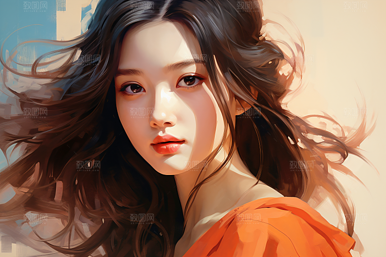 涂鸦风格美女撞色彩色装饰画