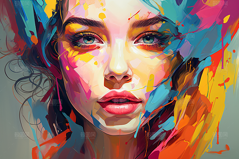 涂鸦风格美女泼墨撞色装饰画