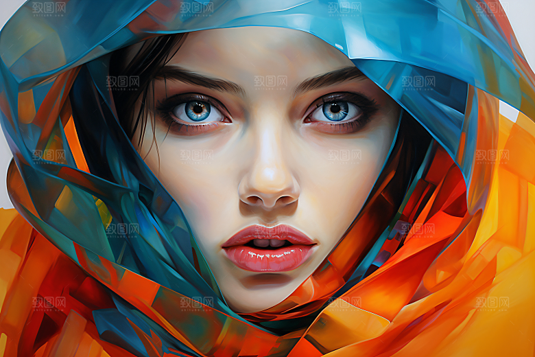 涂鸦风格美女视觉感撞色装饰画