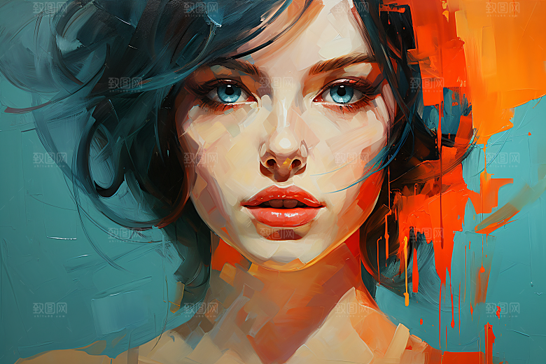涂鸦风格美女泼墨撞色装饰画
