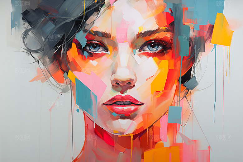 涂鸦风格美女撞色彩色装饰画