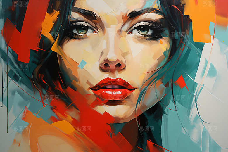 涂鸦风格美女泼墨撞色装饰画