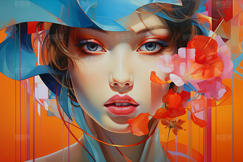 涂鸦风格美女撞色高清装饰画