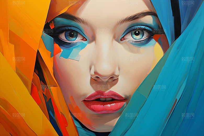 涂鸦风格美女撞色彩色装饰画