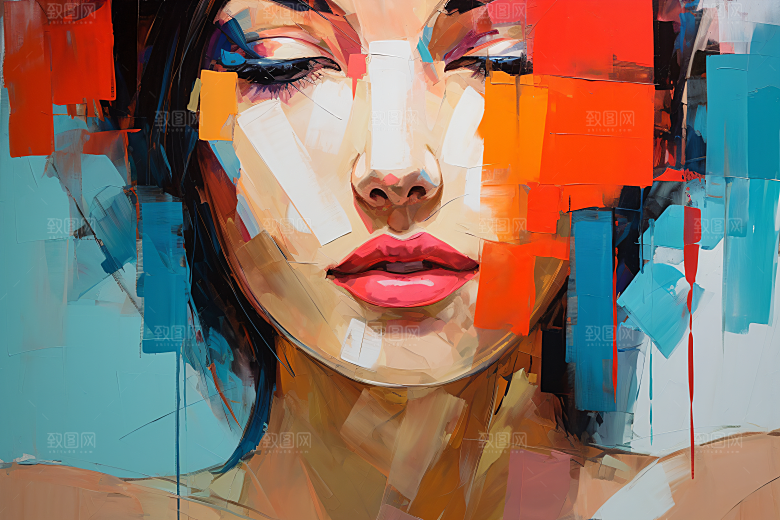 涂鸦风格美女彩色对比强烈装饰画