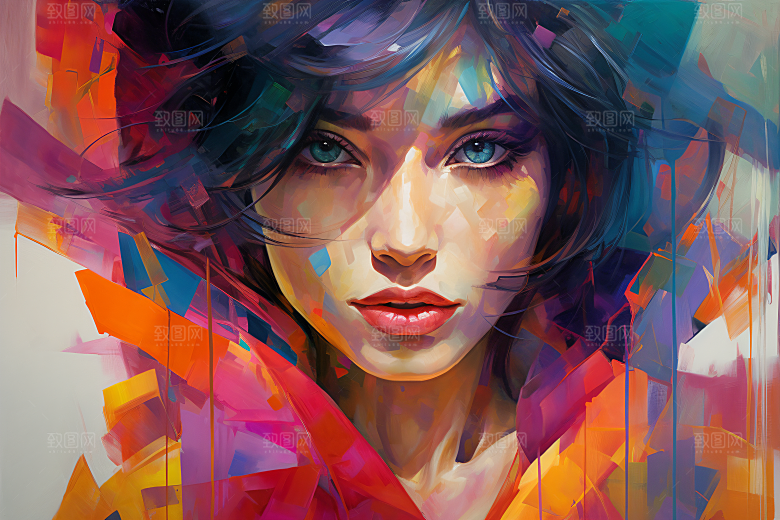 涂鸦风格美女艺术风格撞色装饰画