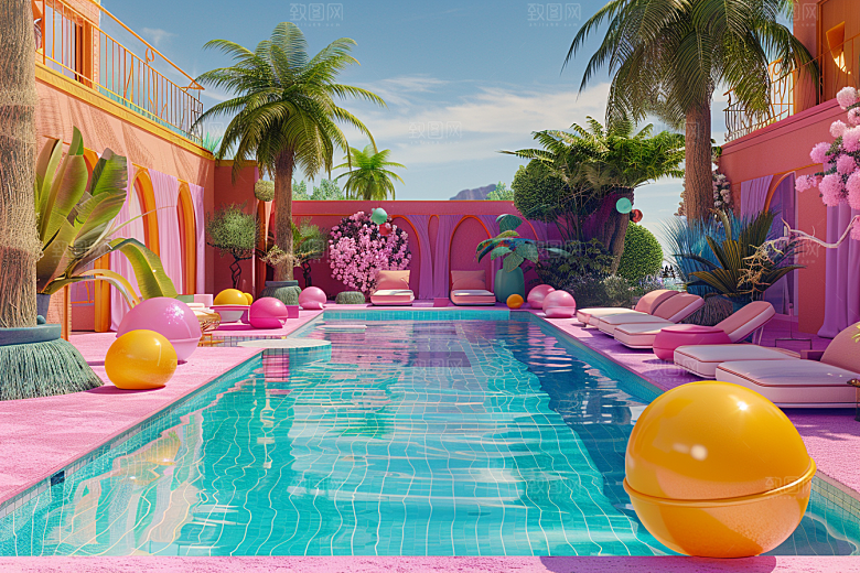 C4D泳池立体度假模型
