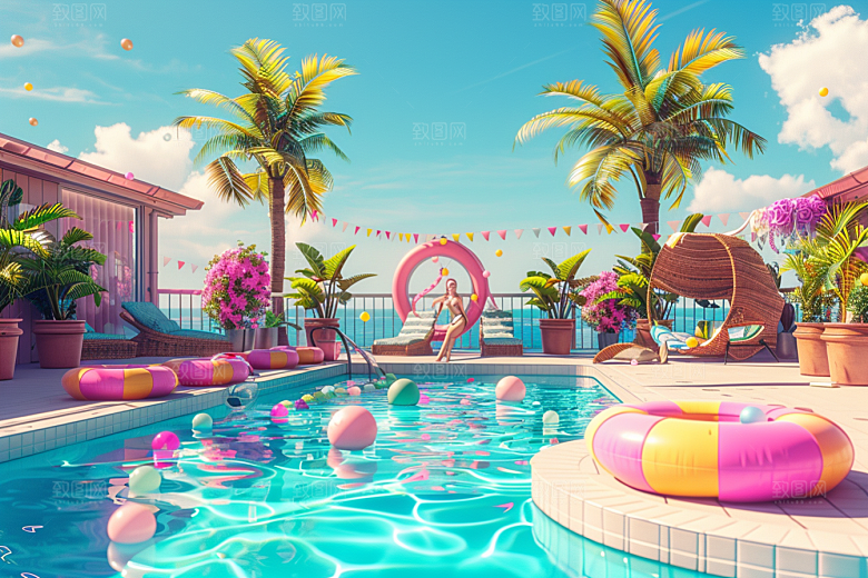 C4D泳池轰趴夏天模型