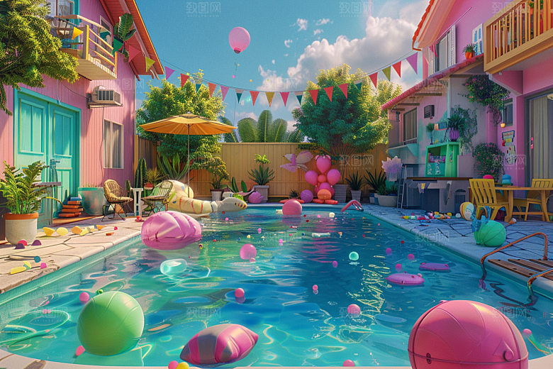 C4D泳池氛围游泳模型