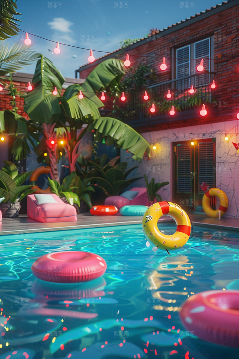 C4D泳池度假夏天模型