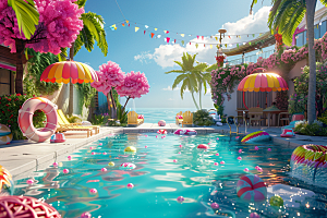 C4D泳池海岛旅游氛围模型