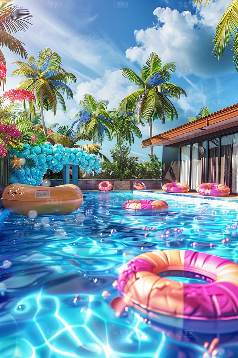C4D泳池别墅夏天模型