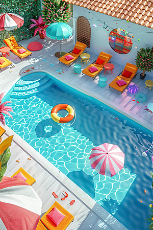 C4D泳池别墅海岛旅游模型
