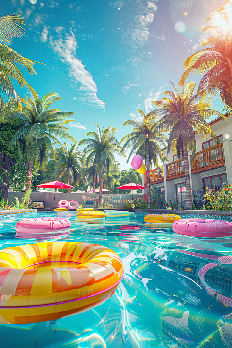 C4D泳池夏日度假模型