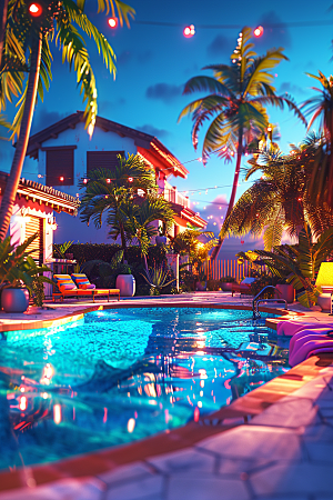 C4D泳池海岛旅游度假村模型