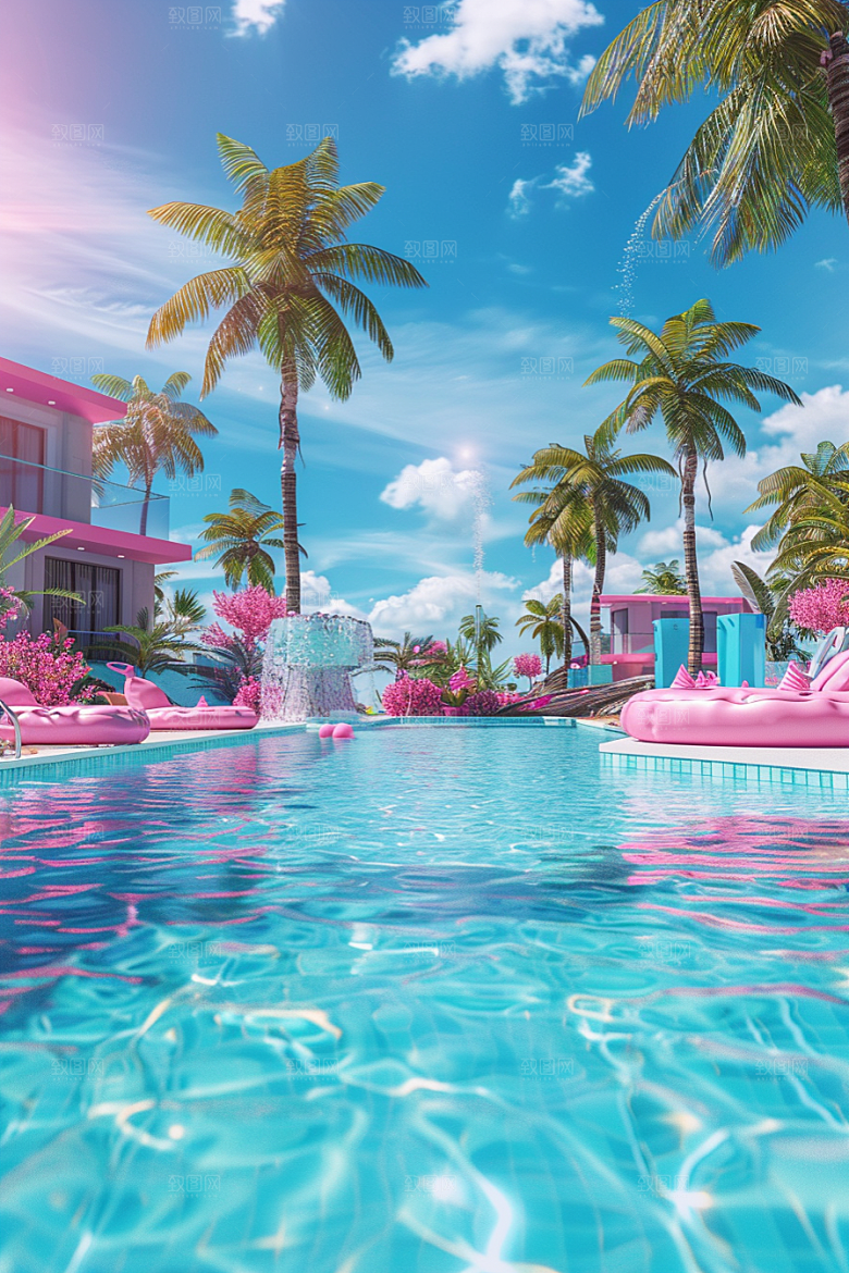 C4D泳池度假立体模型