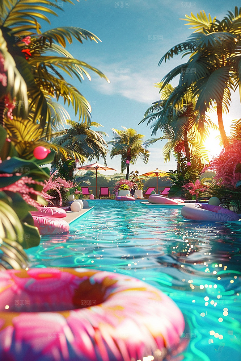 C4D泳池轰趴夏日模型