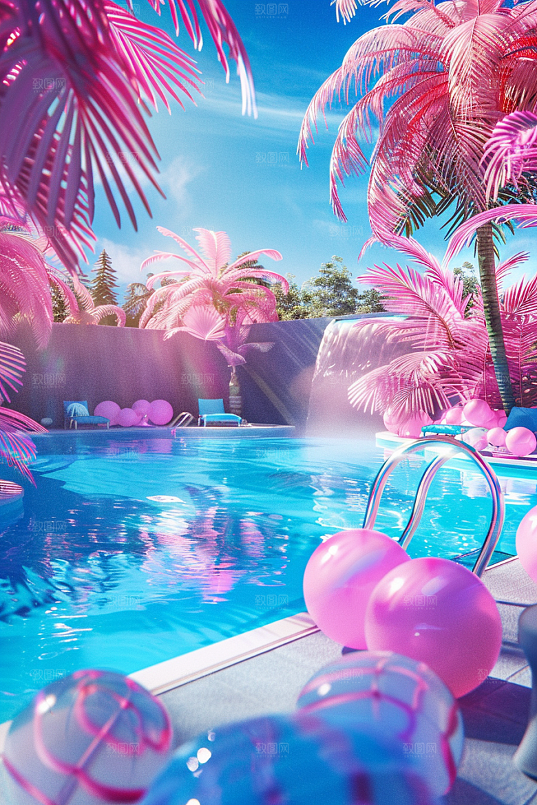 C4D泳池氛围轰趴模型