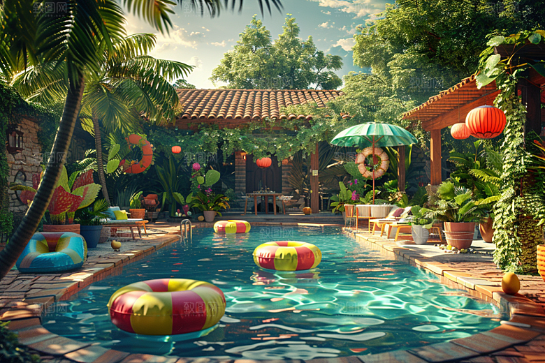 C4D泳池夏天夏日模型